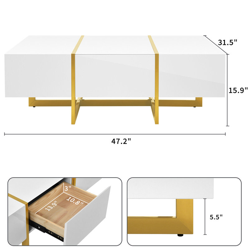 Retangular Coffee Table with Stainless Steel Legs, White