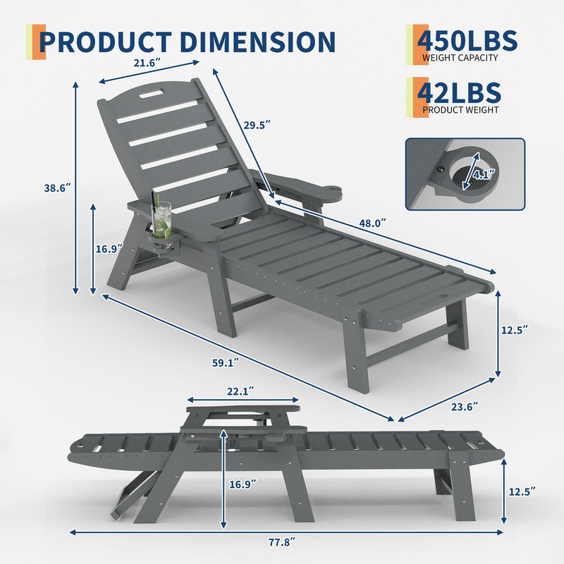 Méridienne d'extérieur en PEHD, chaises de piscine surdimensionnées en PEHD à 5 positions, chaises de piscine, Gris