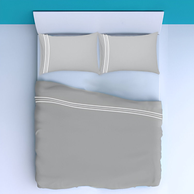 400TC Cotton Classic Luxurious Embroidery Cotton 4 Piece Sheet Set Fitted Sheet Fits Upto 16" Deep Pocket, Light Gray/White