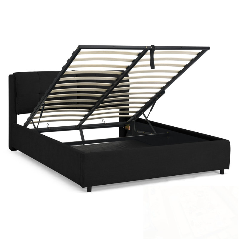 Grand lit plateforme tapissier hydraulique avec tête de lit intégrée, Noir