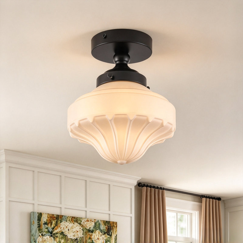 1-Light Vintage Schoolhouse Fluted Glass Semi-Flush Mount Ceiling Light, Dimmable, Matte Black