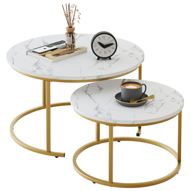 Round White Marble Nesting Coffee Tables with Gold Metal Frame