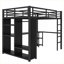 Structure de lit double, mezzanine multifonctionnelle pour petite chambre à coucher, métal noir profond avec bureau intégré, garde-robe et tablettes de rangement