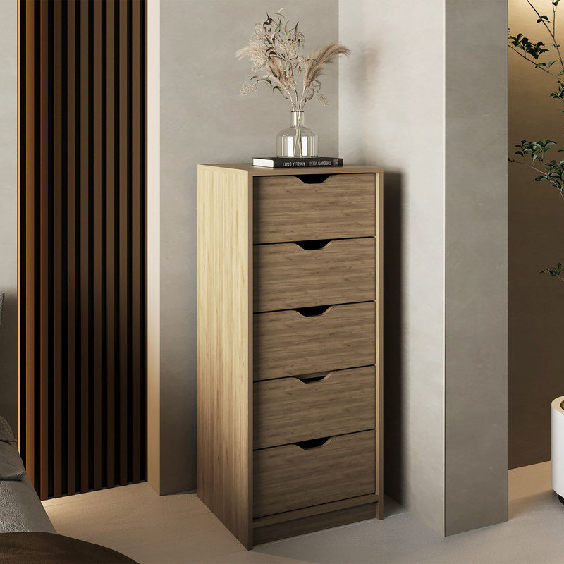 Commode verticale étroite 5 tiroirs, commode verticale étroite avec tiroirs coulissants Basilea