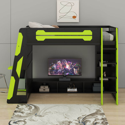 Twin Size Wood Loft Bed With Desk, Multi-Storage Shelves And RGB Light