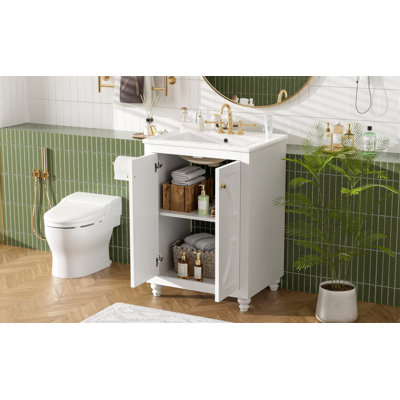 Meuble-lavabo moderne de 24 po avec motif elliptique orné et charnières à fermeture en douceur, armoire de salle de bain avec structure ouverte au dos, pieds tournés en boule avec élégance française
