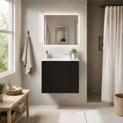Meuble-lavabo mural moderne de 56 cm (22 po), portes en contreplaqué à fermeture amortie, meuble suspendu pour petits espaces, robinetterie et bonde non inclus
