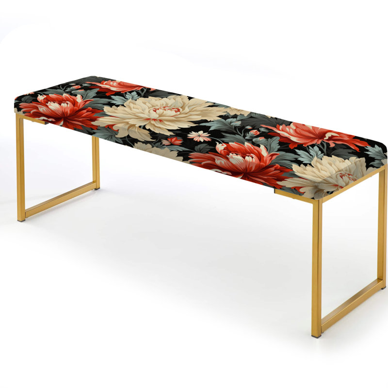 Banc floral rembourré or, Luxueux motif damassé de fleurs rouges et beiges