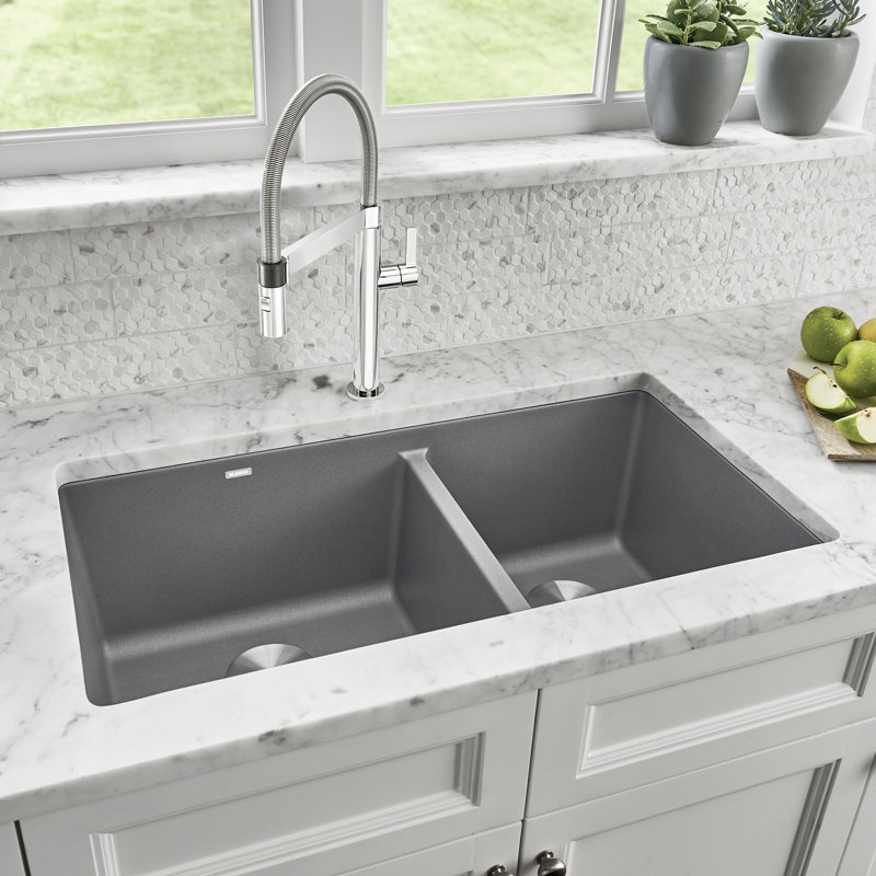 Precis SILGRANIT 33" L X 18" W Double Bowl Undermount Kitchen Sink, Truffle