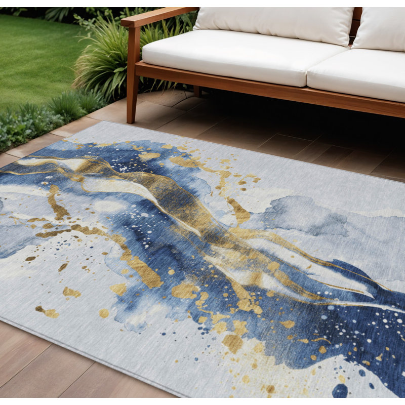 Tapis intérieur lavable abstrait bleu et doré 9 pi x 12 pi