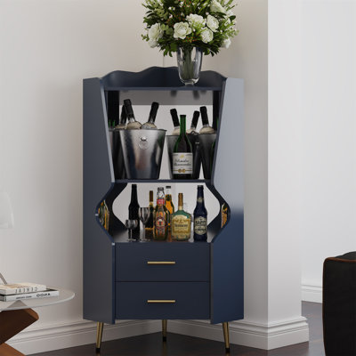 Bar en bois avec 2 tablettes de rangement ouvertes et 2 tiroirs
