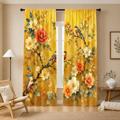 2Pcs Vintage Bird and Floral Print Curtains, Light Filtering Fabric, Artistic Chinese Style Design, Rod Pocket, Suitable for Living Room, Bedroom, Balcony Home Decor