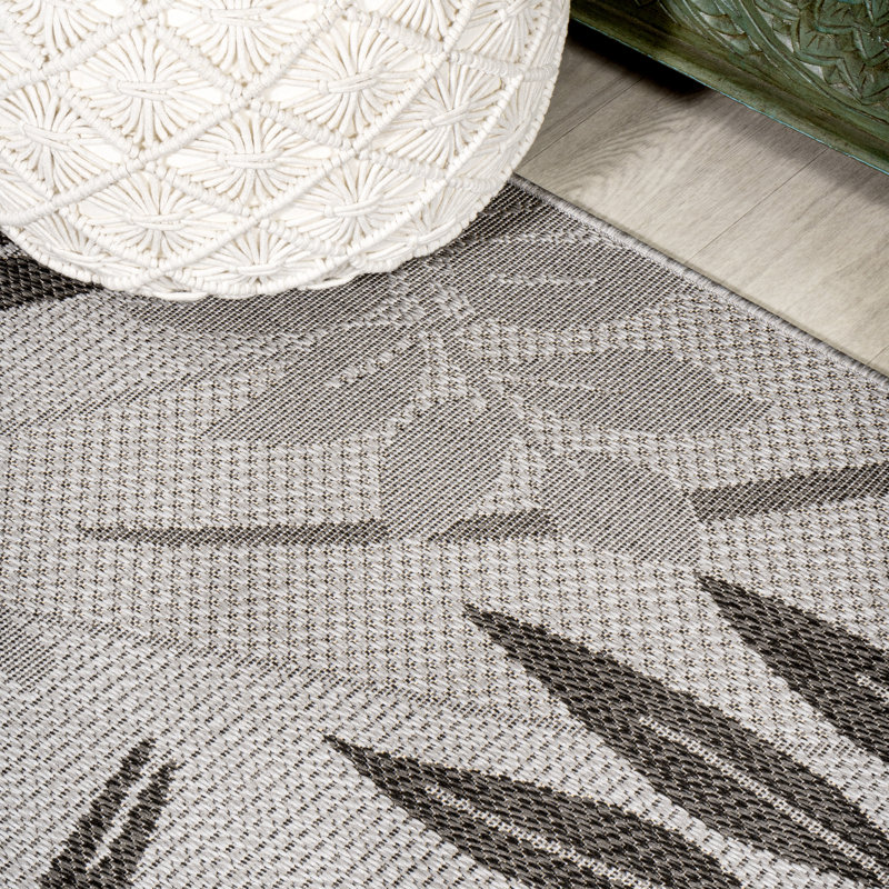 Roxby Tropical Palm Leaf Gray/Black Indoor/Outdoor Rug, Runner 2' x 8'