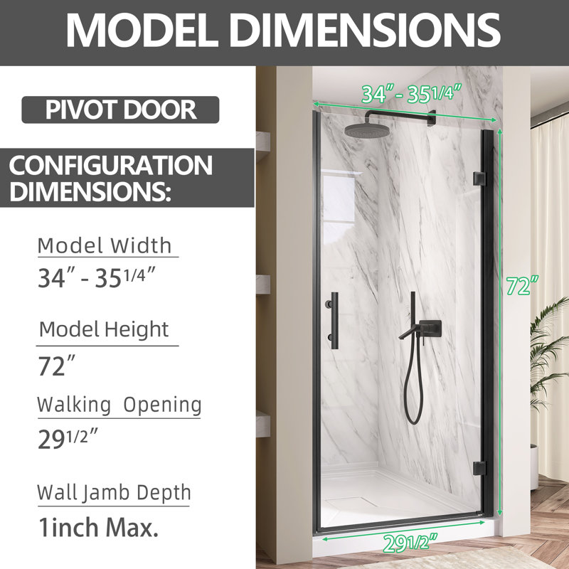 34'' - 35 1/4'' W x 72'' H Frameless Panel Pivot Swing Shower Door Tempered Glass Matte Black Door with Sliding Glass Shower Enclosure