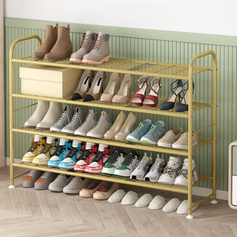4 Tier Shoe Rack Made of Metal, Exquisitely Designed for Closets and Entryways, Gold