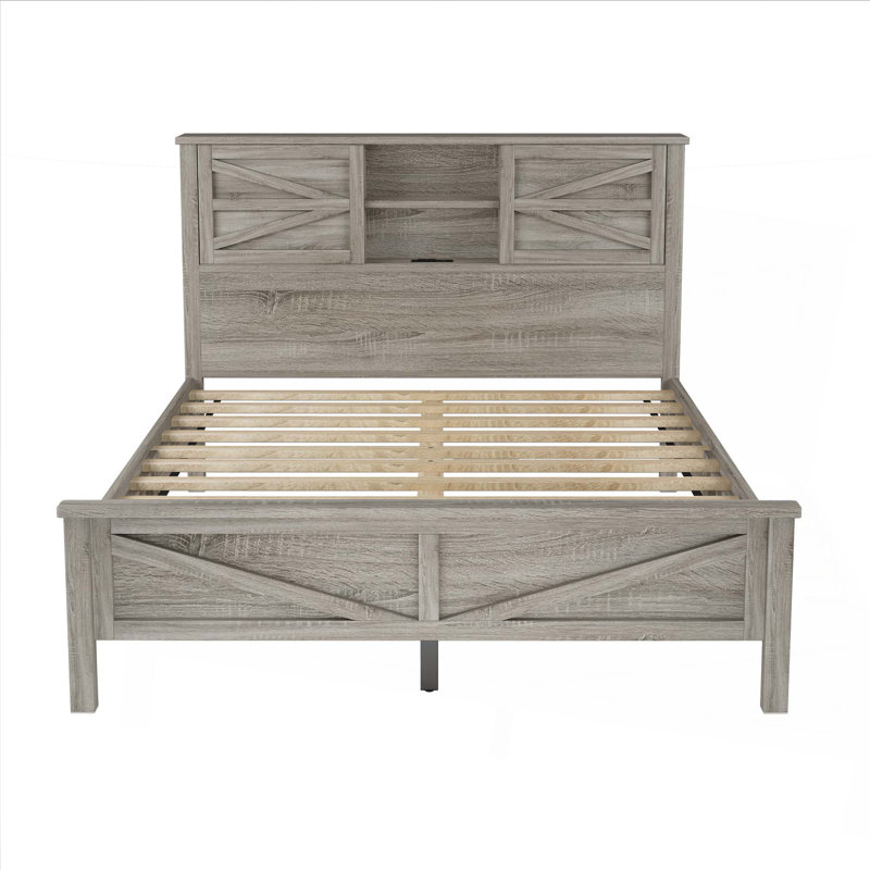Ensemble de chambre à coucher 3 pièces avec lit plateforme Farmhouse, Grand lit, Gris antique