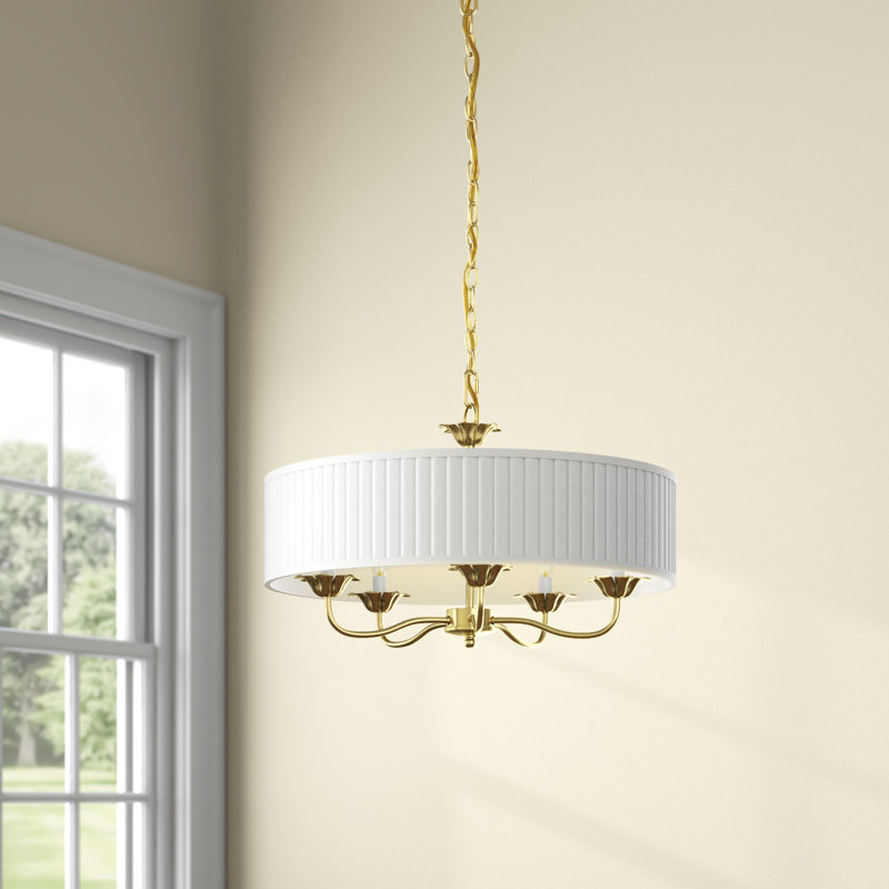 Lustre tambour 5 lumières à abat-jour Lamotte, Laiton antique