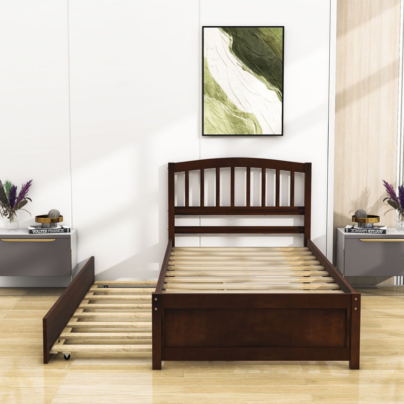 Mashud Twin Size Wood Platform Bed Frame with Trundle, Walnut