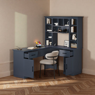 L-Shaped Computer Desk With 2 Cabinets And 2 Drawers, 11 Open Shelves , With Electrical Outlet, For Study, Living Room And Office