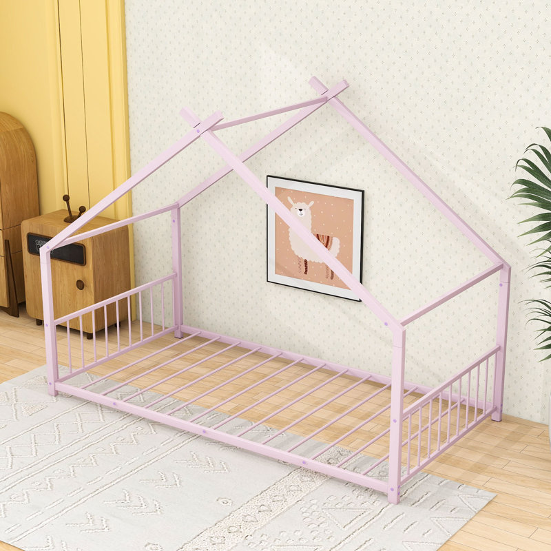 House Bed With Playhouse Design And Headboard, Twin, Pink