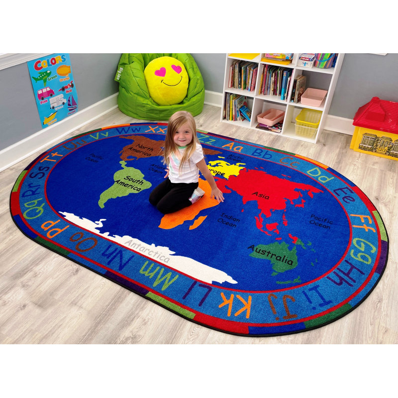 KidCarpet All Around The World Map Rug, 4' x 6' Oval ABC Alphabet Educational Learning Area Rugs for Kids Preschool Kindergarten & Elementary School