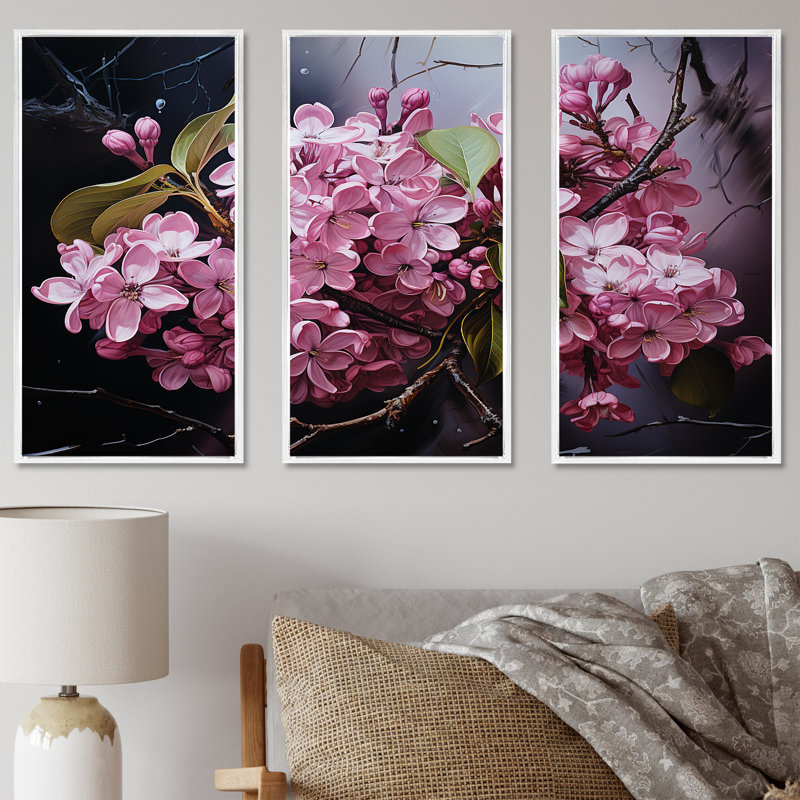«Noir Enigma Pink Lilac Charm» - ensemble de reproductions d'art mural lilas, Cadre flottant blanc