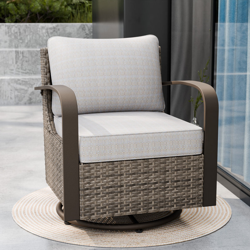 Beige and Brown Steel Wicker Swivel Rocking Chair with Cushions