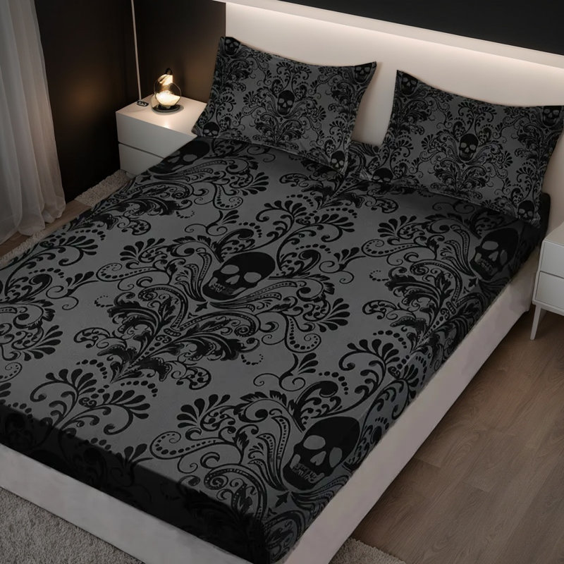 Ensemble de draps-housse en forme de crâne damassé Orylavena, Lit double