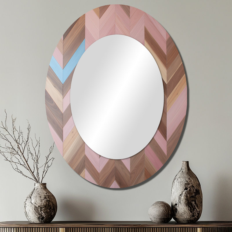 Motif rétro Mid-Century rose brun - Miroir décoratif abstrait ovale sur métal, 40 po x 30 po