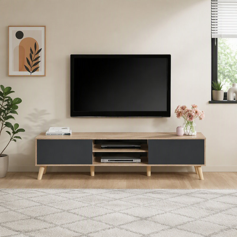 Meuble télé contemporain en faux bois avec étagères et placards de rangement