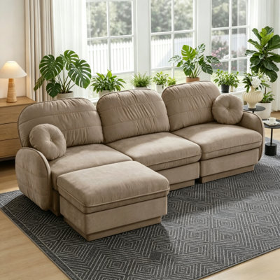 105" Light Coffee Chenille L-Shaped Sectional Sofa, Movable Ottoman & Deep Seat, Easy Assembly