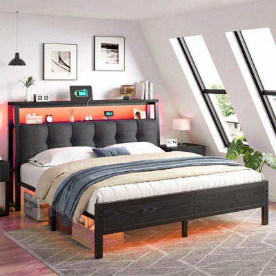 Modern Wood and Metal Platform Bed with Upholstered Headboard, LED Lights, Charging Station, and Under-Bed Storage
