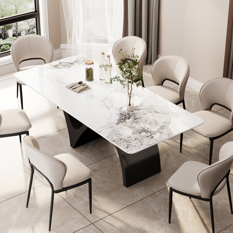 Modern Rectangular Dining Table, Glossy White Kitchen Table with Sintered Stone Table-top, N-Shaped Steel Legs, Black