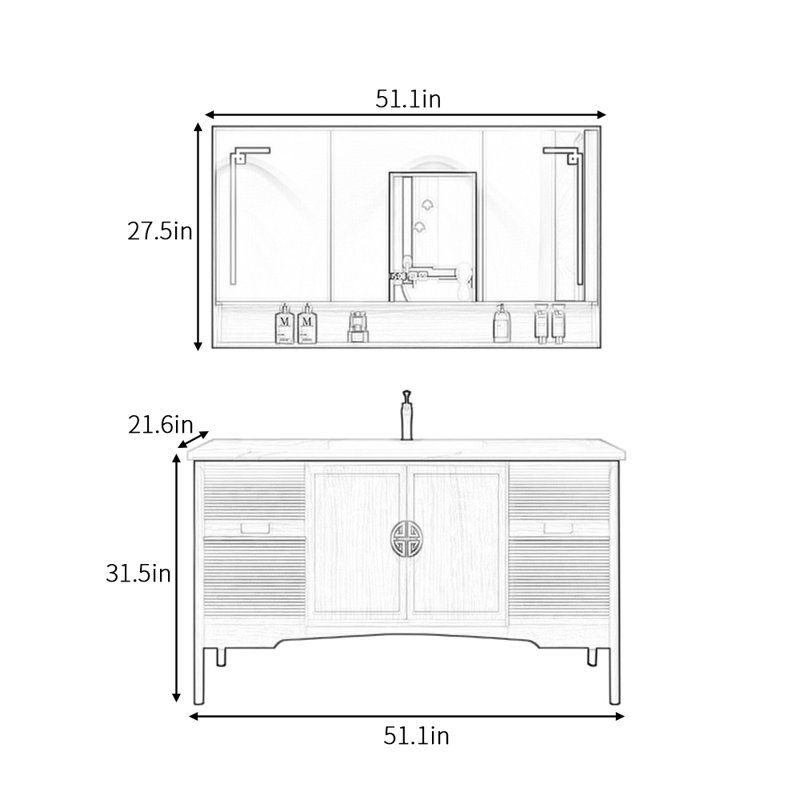 Retro simple and light luxury bathroom cabinet, 31.5" H x 51.1" W x 21.6" D