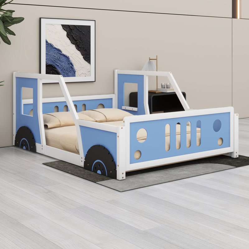 Lit plateforme en bois massif avec lattes en bois, roues, tête de lit et pied de lit en forme de voiture, Bleu