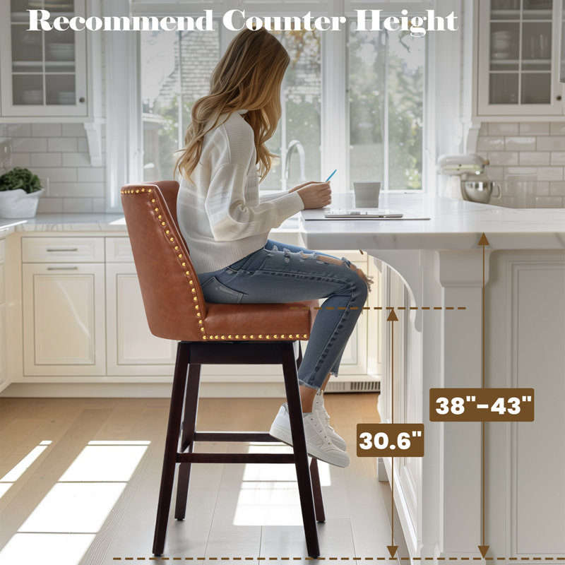 Eriqa Swivel 30.6'' Bar Stool, Brown, Brown Faux Leather