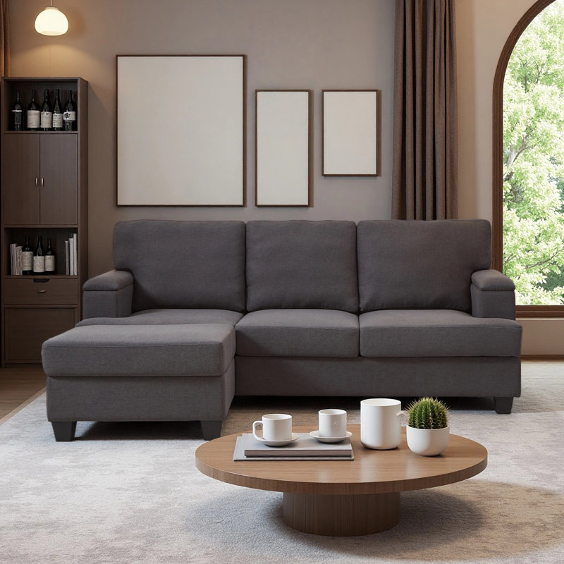 86" Linen Upholstered Sofa with a Movable Storage Ottoman, Underseat Storage and 2 Flip-up Armrests, Dark Gray