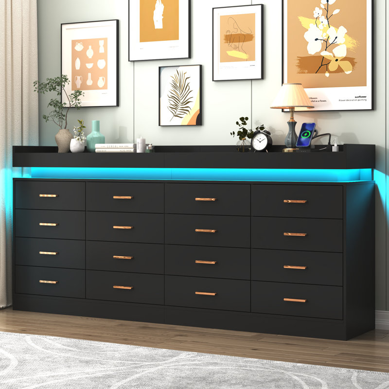 16 Drawer 78.7" W Dresser With Charging Station And LED Light, Black