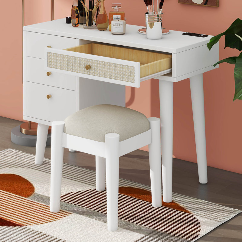 Ensemble coiffeuse 39 "en bois de style bohémien rétro avec tiroirs de rangement, Blanc