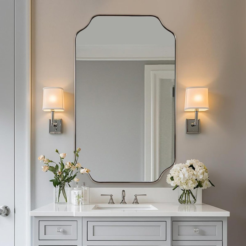 Modern Scalloped Corner Rectangle Bathroom Vanity Mirror | Stainless Steel Frame, 40" x 24", Brushed Nickel
