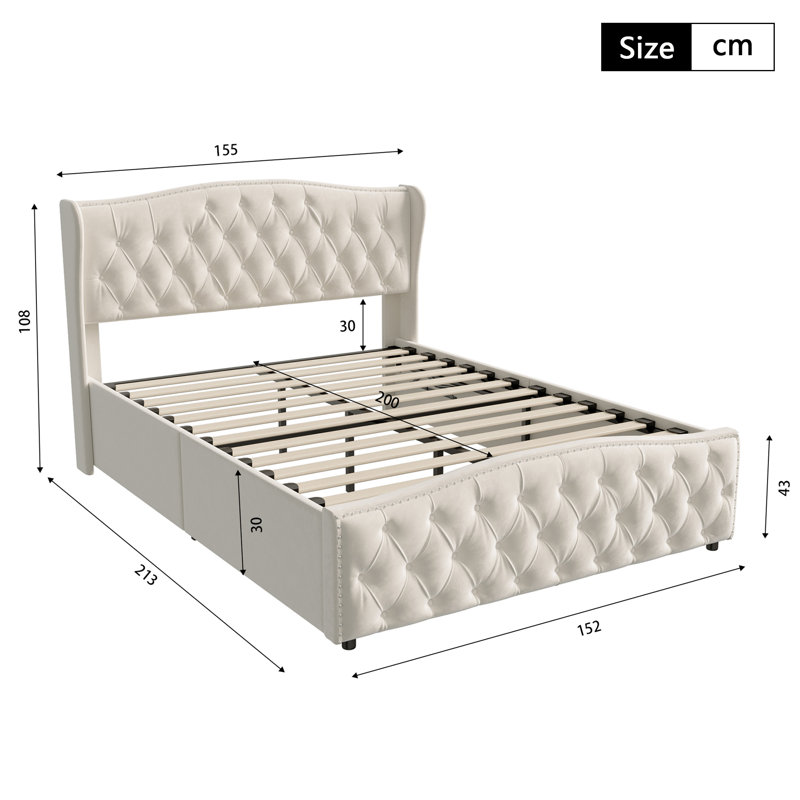UK & EU Sizes Velvet Ottoman Bed Frame with Hydraulic Gas Lift Storage, Diamond Tufted Wave Wingback Upholstered Platform Bed with Nailhead Trim, Grey/Beige
