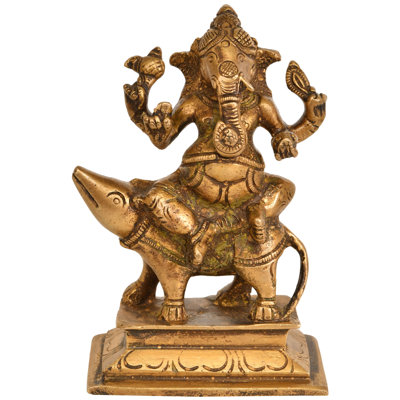 Lord Ganesha de 4 po assis sur un rat en laiton