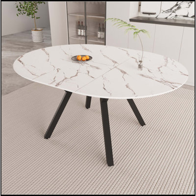 Table de salle à manger circulaire extensible blanche de 47 à 63 po, table de salle à manger pour 4 à 6 personnes, table basse moderne avec plateau en panneau de fibres à densité moyenne et pieds en métal, convenant à la cuisine et à la maison