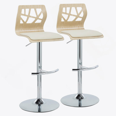 Tabouret de bar réglable avec pivot en métal chromé, bois naturel et similicuir crème avec repose-pieds arrondi en T - ensemble de 2