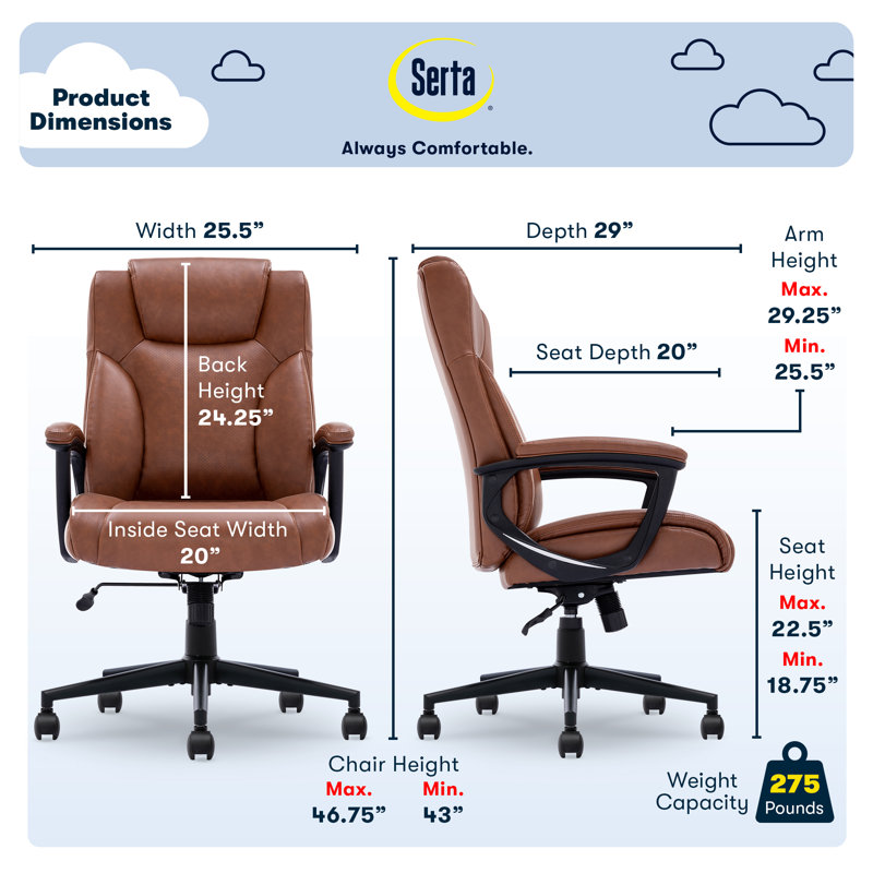 Fauteuil de direction ergonomique Serta Connor, Bonded Leather, Cognac