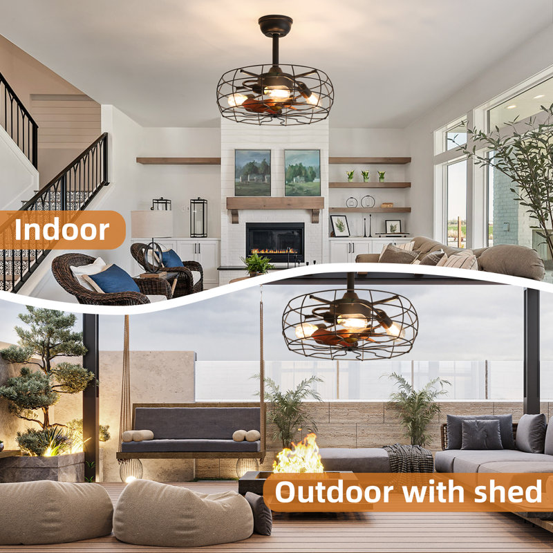 19" Caged Ceiling Fan W/light, W/hanging Rod, Flush Mount W/4 Bulbs.