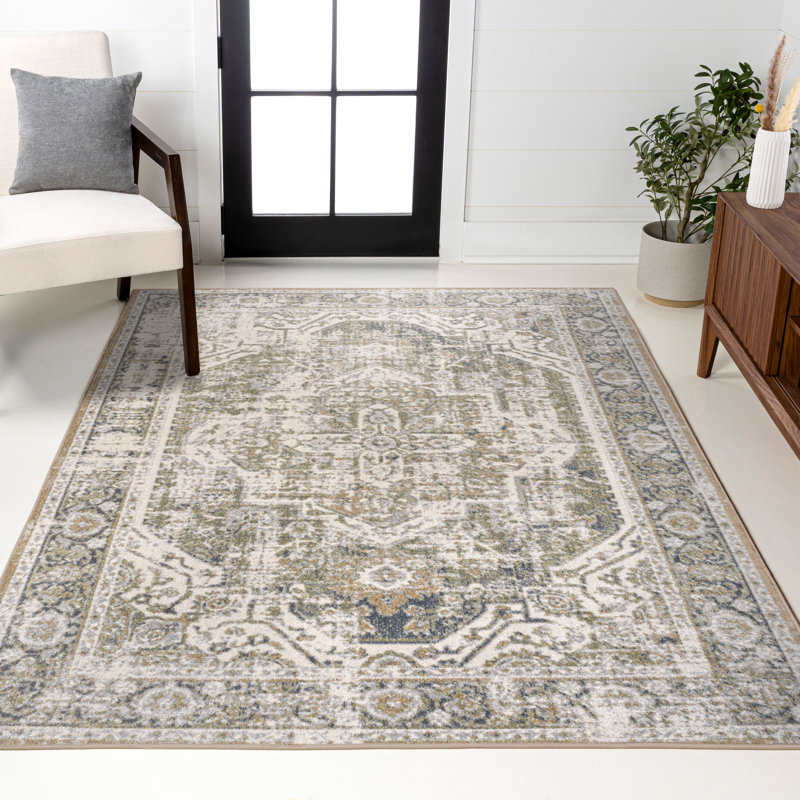 Keesha Bold Distressed Medallion Low-Pile Machine-Washable Green/Cream Rug, Rectangle 4' x 6'
