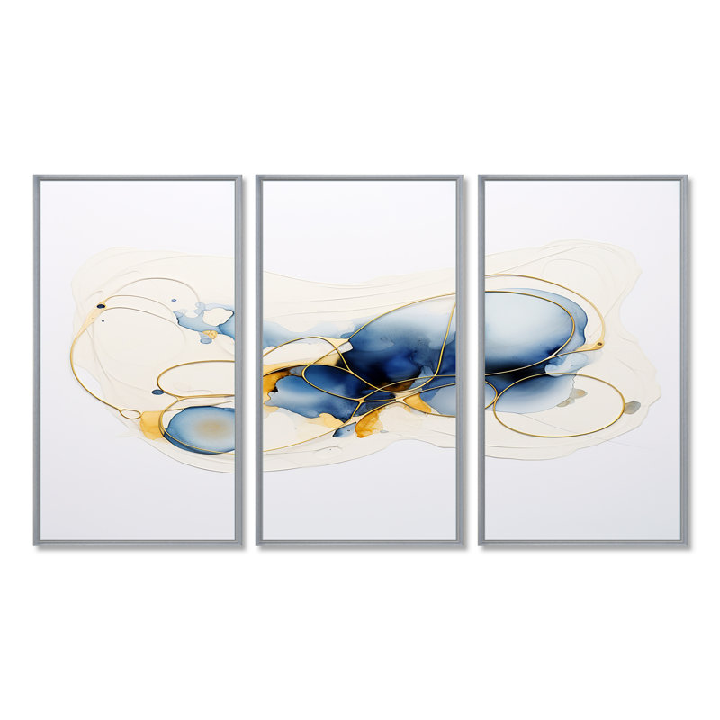 Ensemble de salon délicat or soleil sur aquarelle bleu - encre liquide abstrait, Encadrement argenté