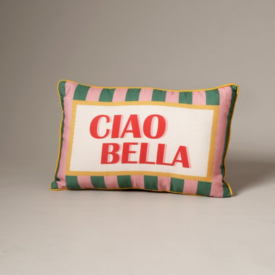 Ciao Bella Printed Lumbar Throw Pillow with Polyester Insert | Pink and Green Striped Cotton Decorative Pillow, 20" x 12"