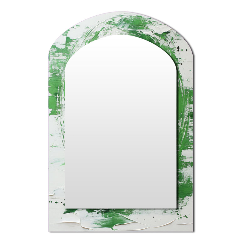 Collage en spirale abstrait vert et blanc I - Grand miroir mural arqué sur métal, 43 po x 33 po